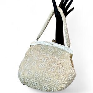 1940-50s Beaded Ivory Purse with Pearl Lucite Trim, Kiss Clasp, White Wedding